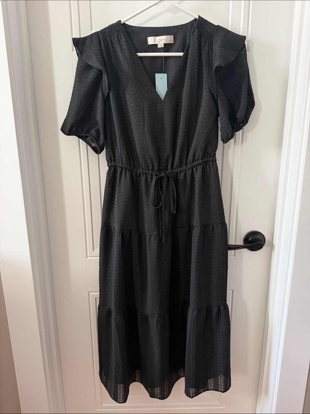 LOFT Black Tiered V-Neck Maxi Dress with Drawstring Waist